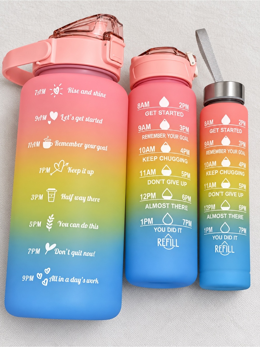 3 pc set Motivational Gradient Water Bottle - Pink to Blue